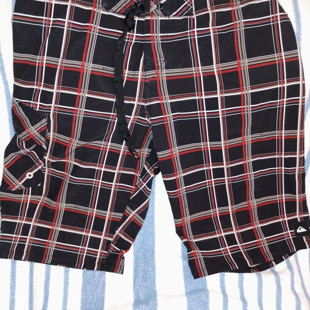 Quiksilver Black Plaid Swim Shorts with Red & White Stripes